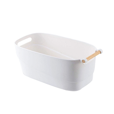 Minimalist White Storage Basket with Wooden Handle - Small