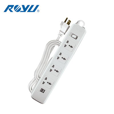 Royu White 4 Gang Power Extension Cord with 2 USB Ports and 1 Main Switch