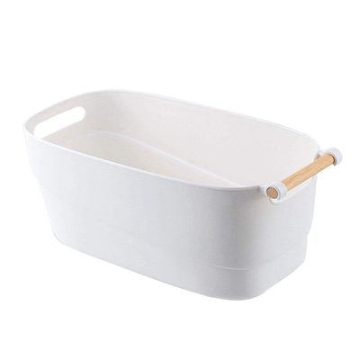 Minimalist White Storage Basket with Wooden Handle - Large